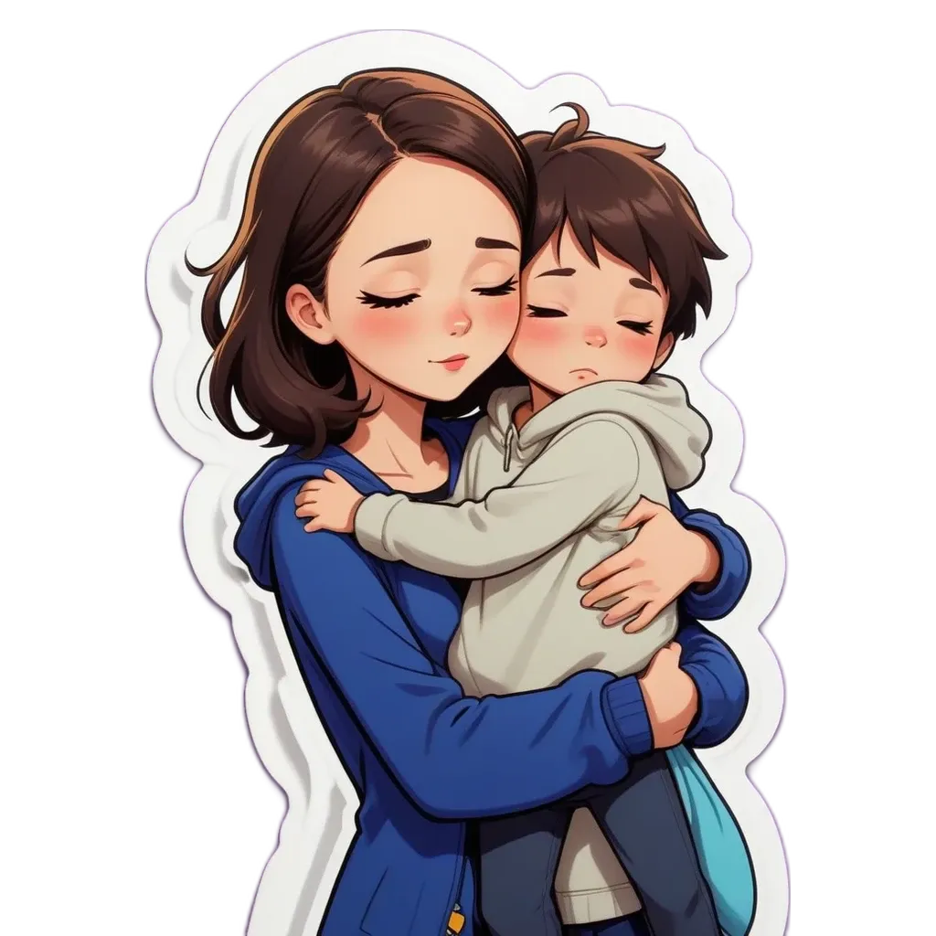 A mother holding her child in a cartoon character.