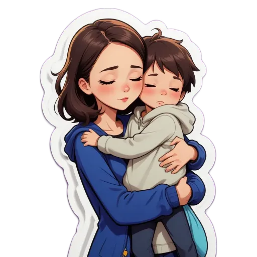 A mother holding her child in a cartoon character.