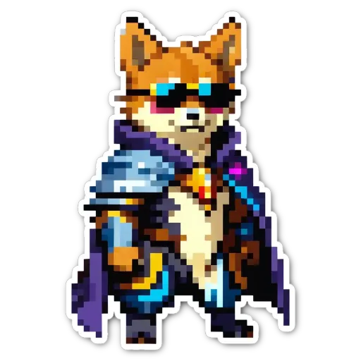 A sticker of a fox wearing sunglasses and a cape.