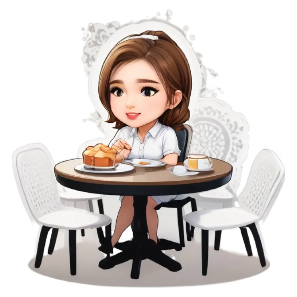 A girl is sitting at a table eating cake with a sticker that is of her.