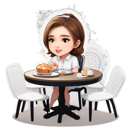 A girl is sitting at a table eating cake with a sticker that is of her.