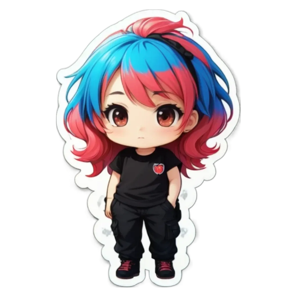 A girl with red and blue hair that is cut very short.