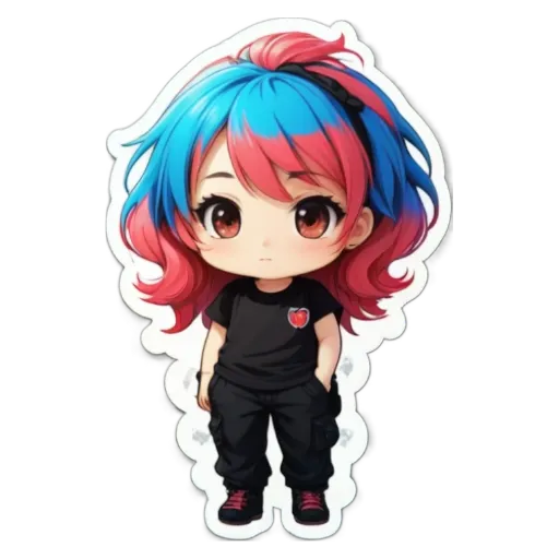 A girl with red and blue hair that is cut very short.