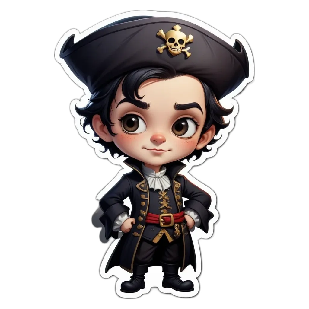 A boy is wearing a pirate's hat and is standing with his hands on his hips.