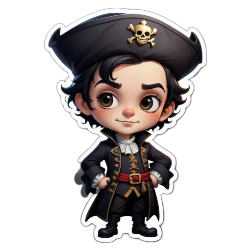 A boy is wearing a pirate's hat and is standing with his hands on his hips.