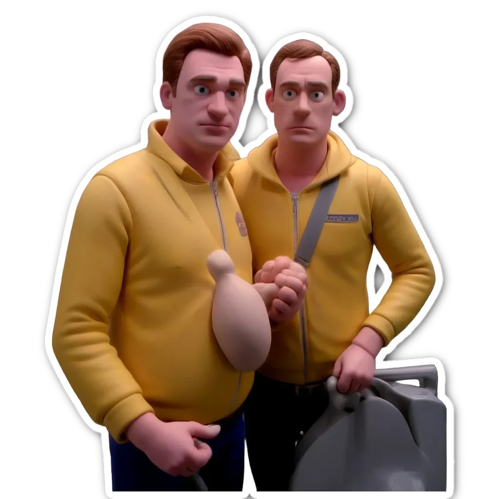 Two men in yellow jackets holding a bag and a fake chicken.