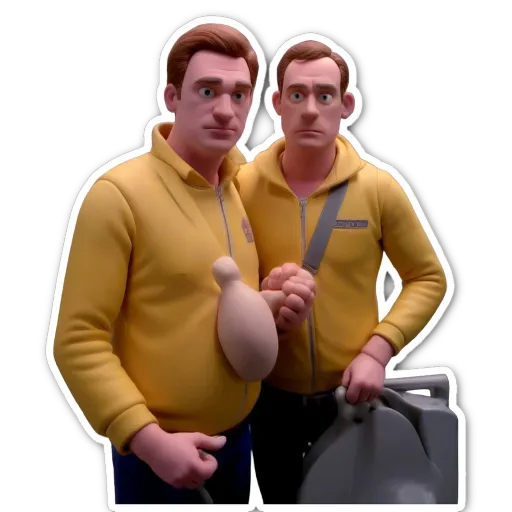 Two men in yellow jackets holding a bag and a fake chicken.