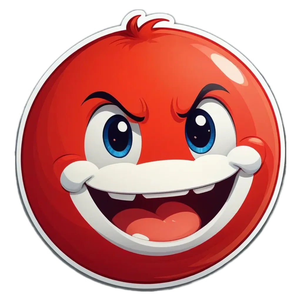 A red face with white teeth and blue eyes.
