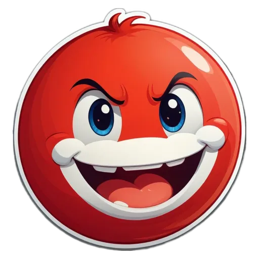 A red face with white teeth and blue eyes.