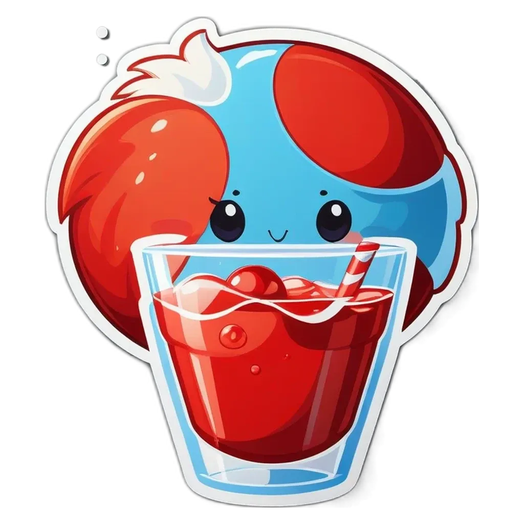 A fun looking sticker of a glass and juice with a cute face drinking the juice.