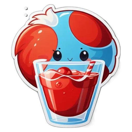 A fun looking sticker of a glass and juice with a cute face drinking the juice.