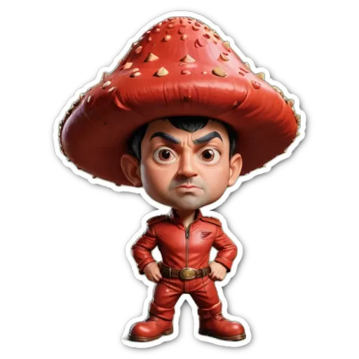 A child wearing a red costume with a mushroom on top.