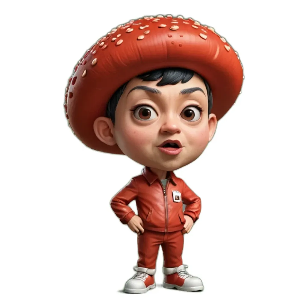 A child wearing a red jacket and a red hat that looks like a mushroom.