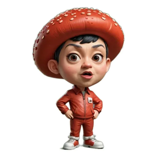 A child wearing a red jacket and a red hat that looks like a mushroom.