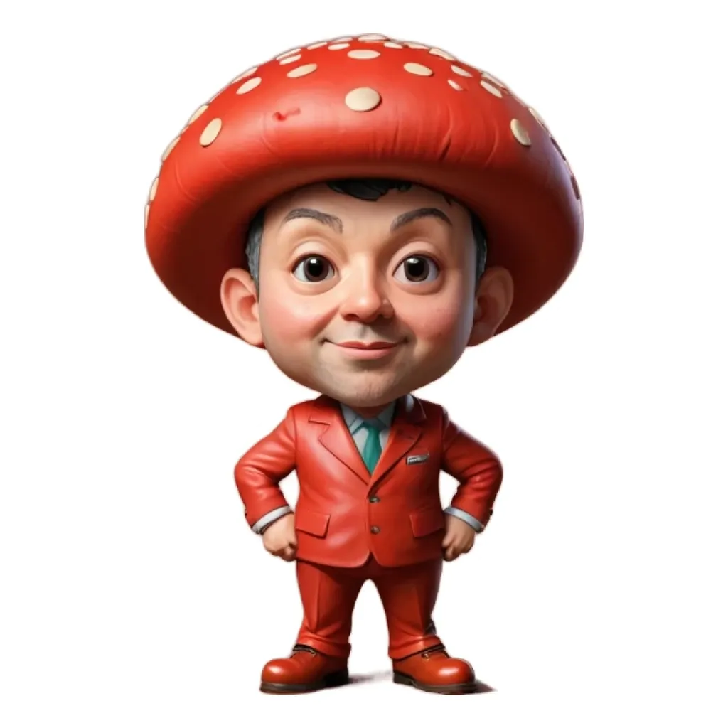 A child wearing a red suit and a red mushroom hat.