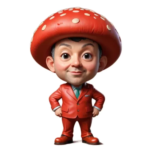 A child wearing a red suit and a red mushroom hat.