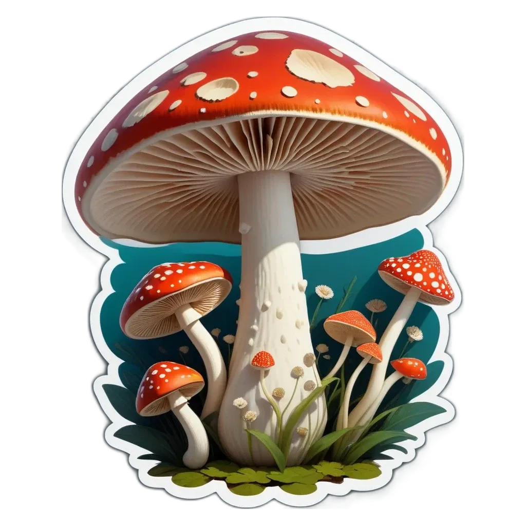 A mushroom with other mushrooms and flowers with a black background.