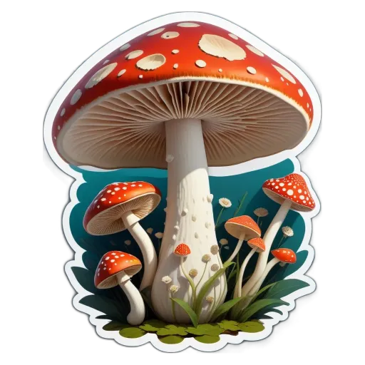 A mushroom with other mushrooms and flowers with a black background.