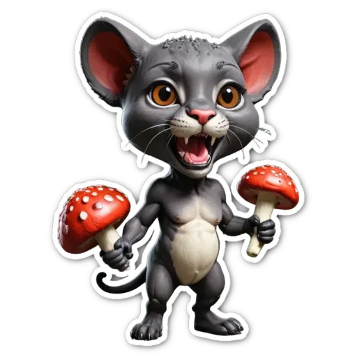 A cartoon depiction of a cat with mushrooms and holding them.