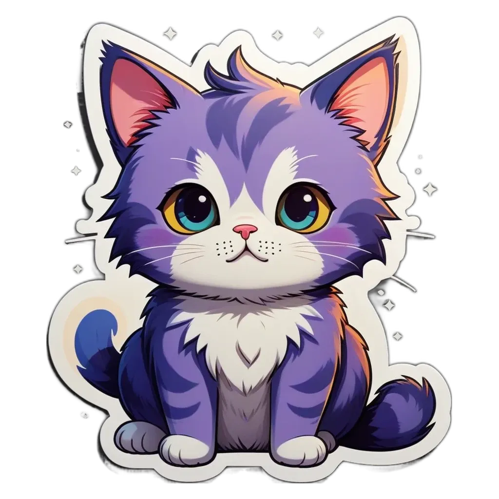 A cartoon cat with blue eyes is sitting on a black surface.