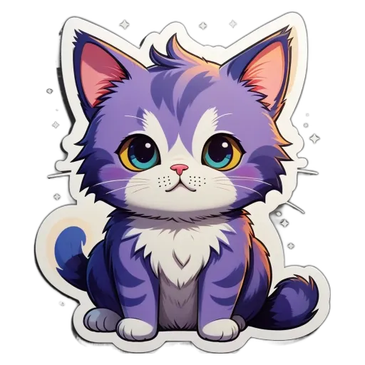 A cartoon cat with blue eyes is sitting on a black surface.