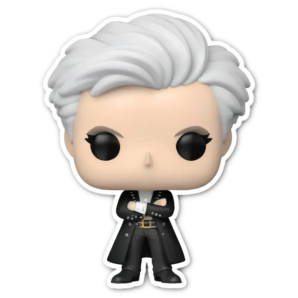 A black and white figure with white hair and a black coat.