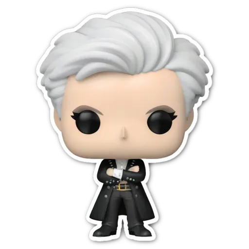 A black and white figure with white hair and a black coat.