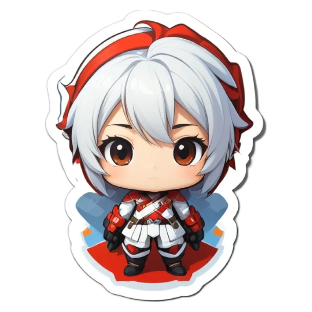 A girl with white hair and a red bow in her hair is standing in front of a black background.