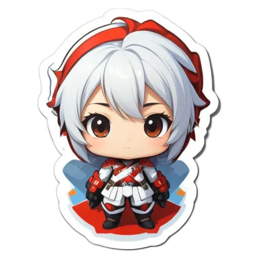 A girl with white hair and a red bow in her hair is standing in front of a black background.