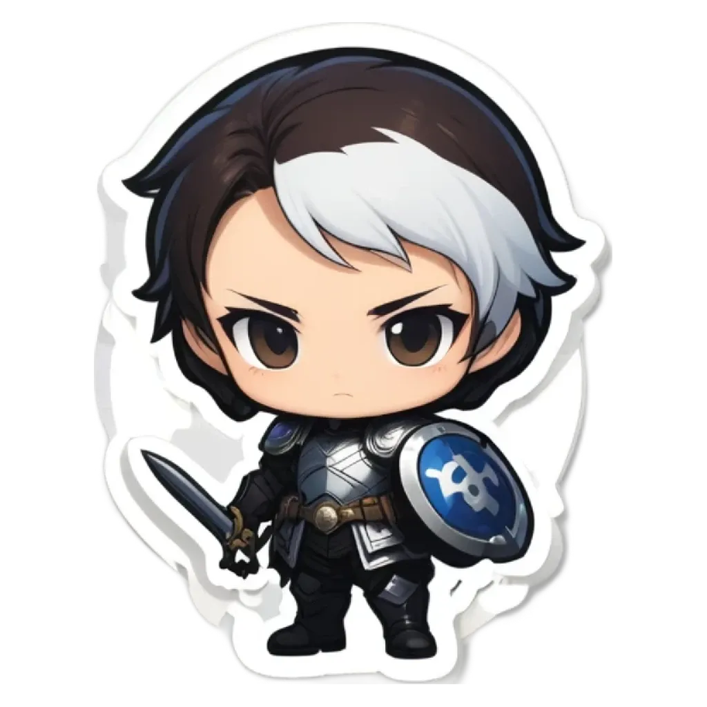 A boy is holding a shield and standing with his eyes open.