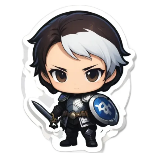 A boy is holding a shield and standing with his eyes open.