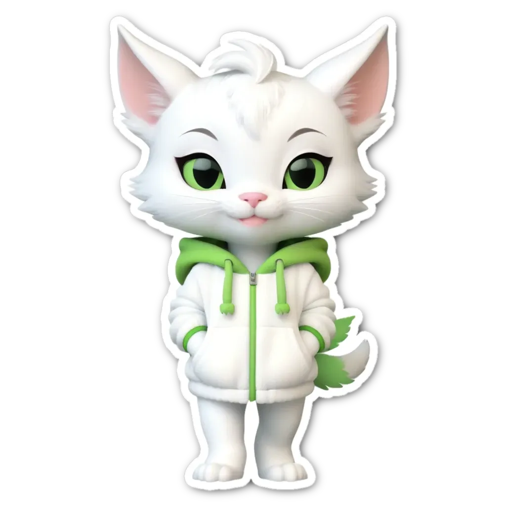 A white cat with green eyes is standing on a black background.