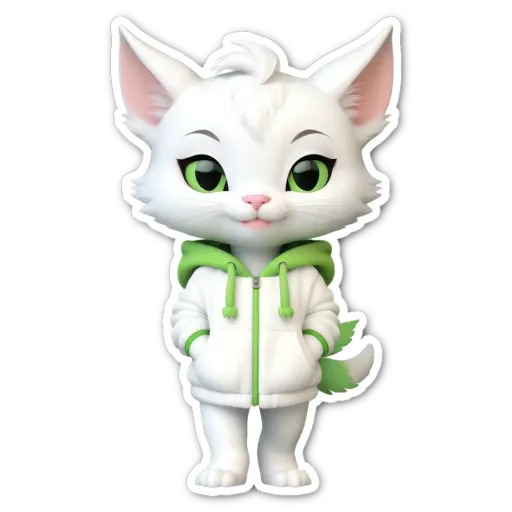 A white cat with green eyes is standing on a black background.