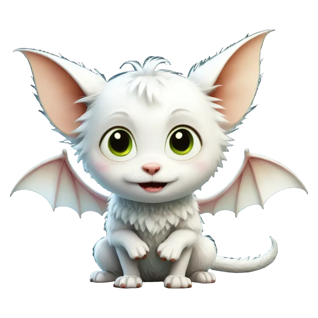 A white kitten with big ears standing on a black background.