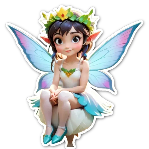 A fairy sitting on a ground with flowers on her dress.