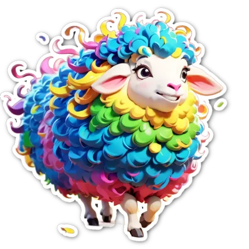 A colorful sheep with a big smiley face.