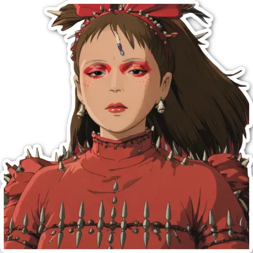 A woman with red makeup and spikes on her shirt.