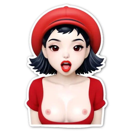 A woman with a mouth wide open and a sticker of her on a black background.