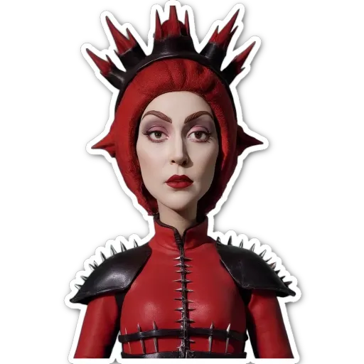 A sticker of a woman with a dragon head and red hair.