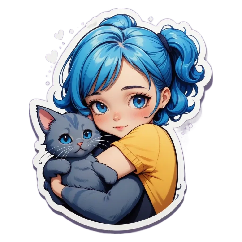 A girl holding a cat in a sticker.
