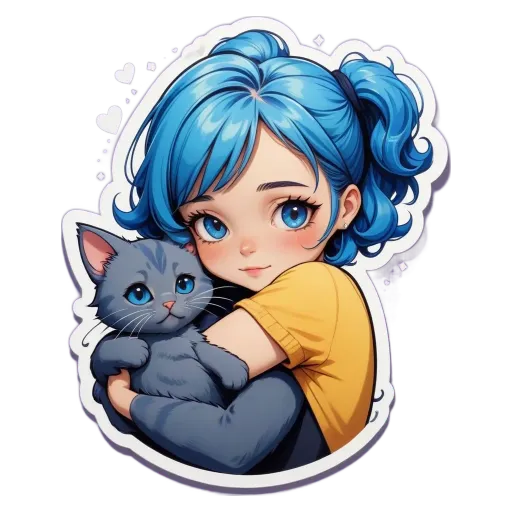 A girl holding a cat in a sticker.