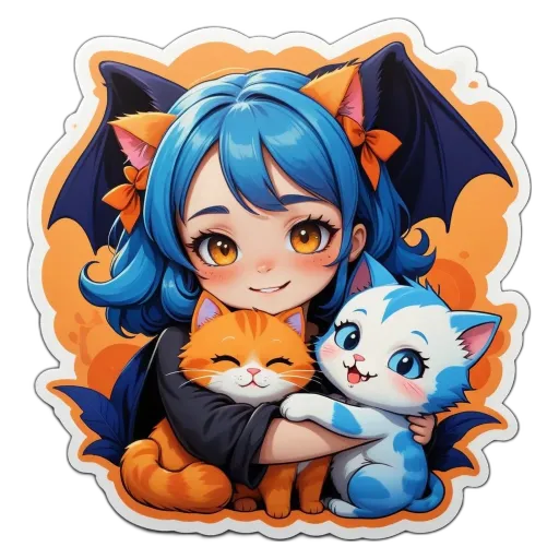 A blue girl with two cats in her arms sticker on a black background.