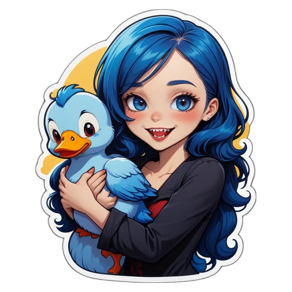 A blue girl holding a duck.
