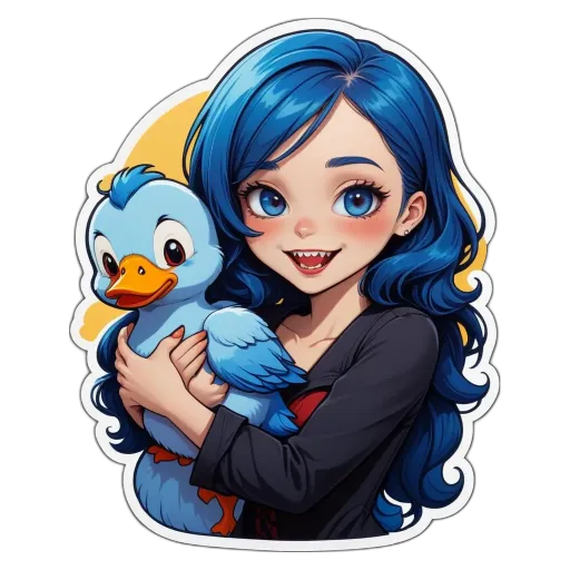 A blue girl holding a duck.