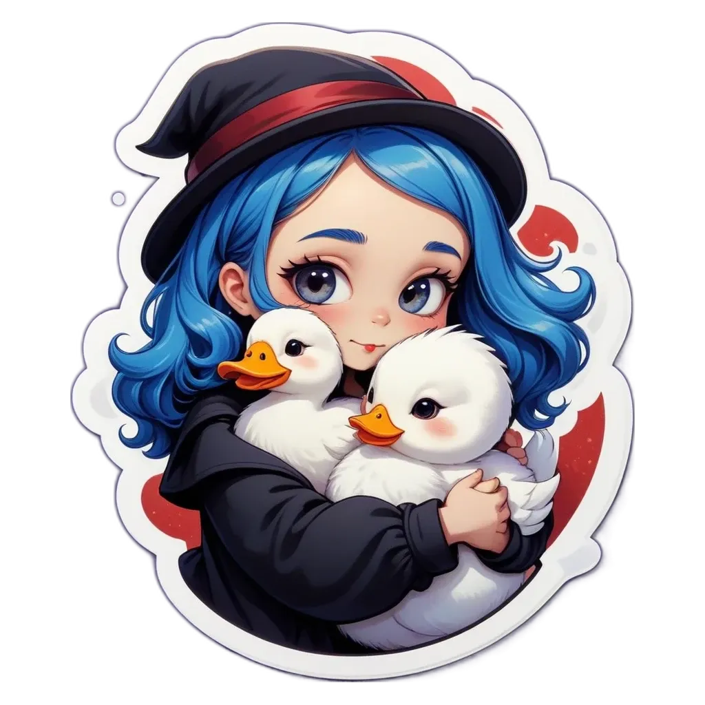 A cartoon of a girl holding ducks on a black background.