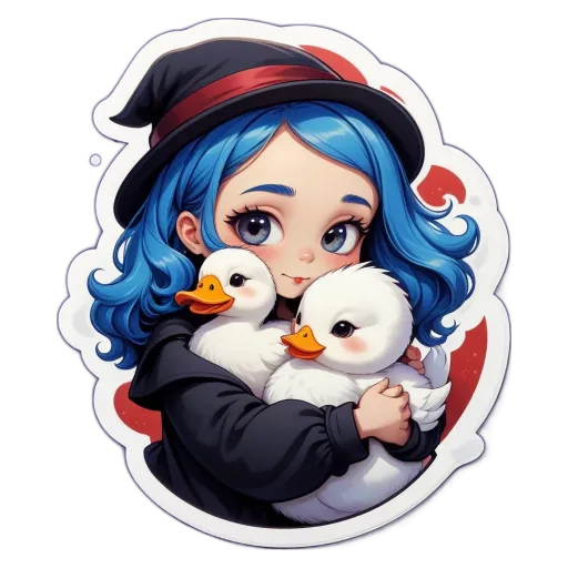 A cartoon of a girl holding ducks on a black background.