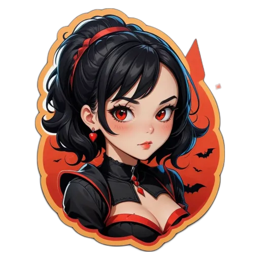 A girl with red eyes is wearing a black dress with red accents.