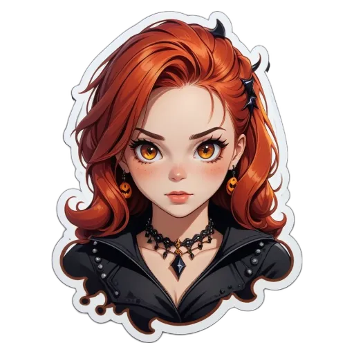 A girl with a scary face sticker on her right.