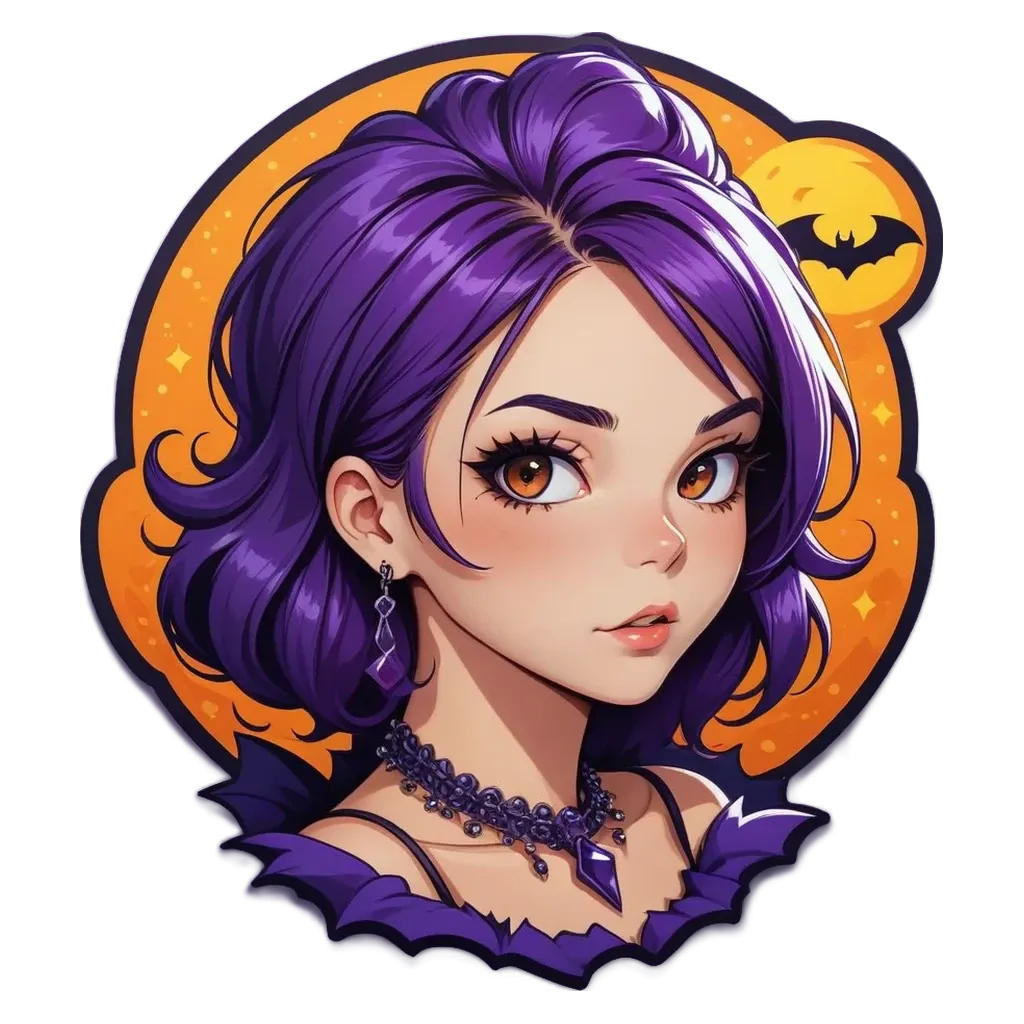 A girl with a bat in her face is wearing a purple necklace.
