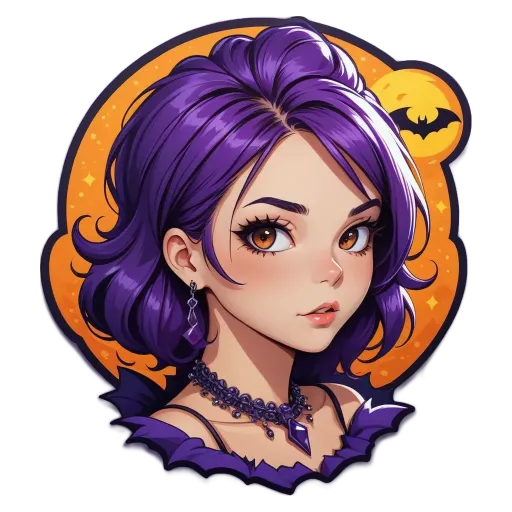 A girl with a bat in her face is wearing a purple necklace.